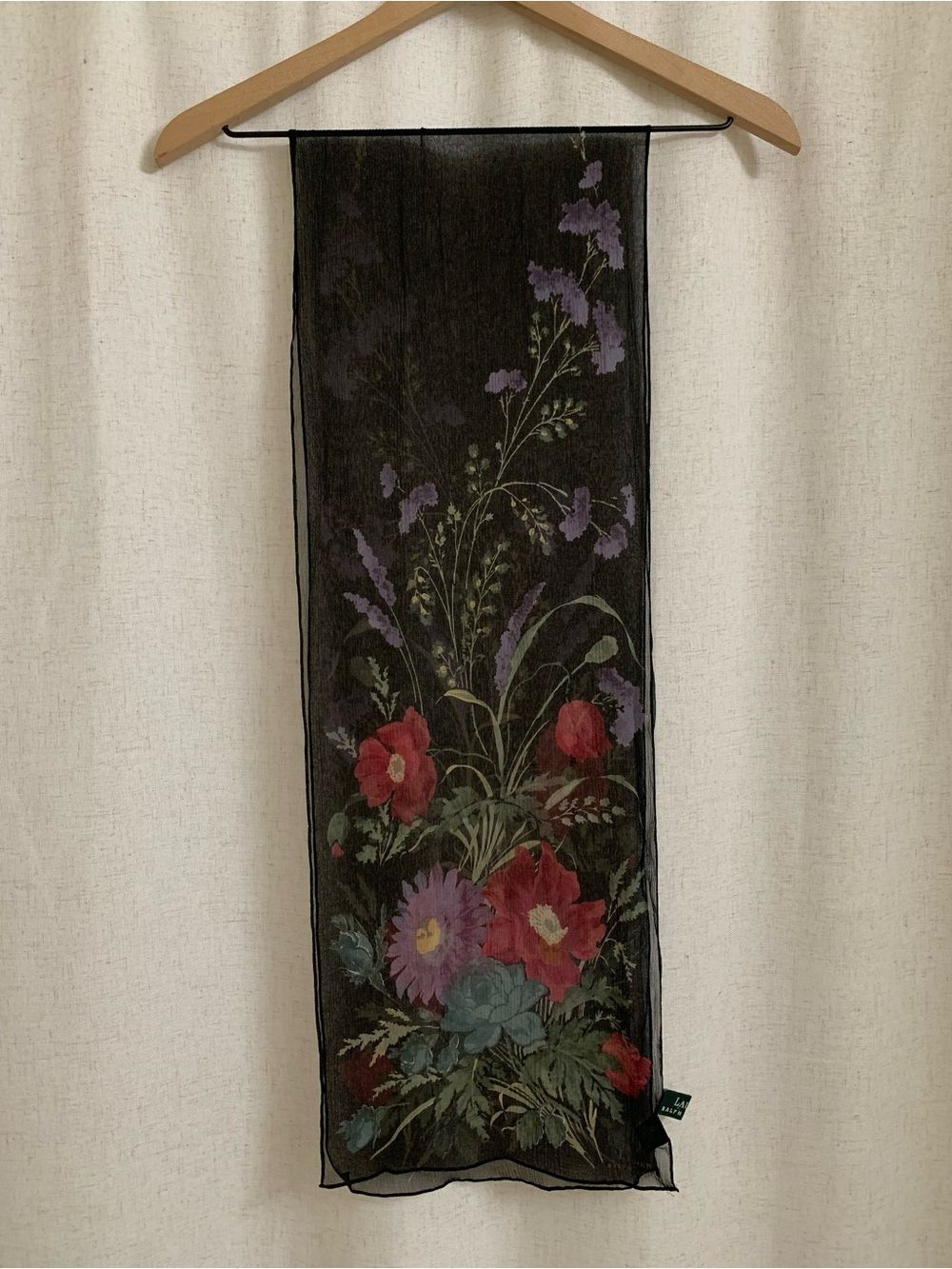 Lauren Ralph Lauren 100 Silk Black Floral Sheer Scarf Red Purple Green Bouquet